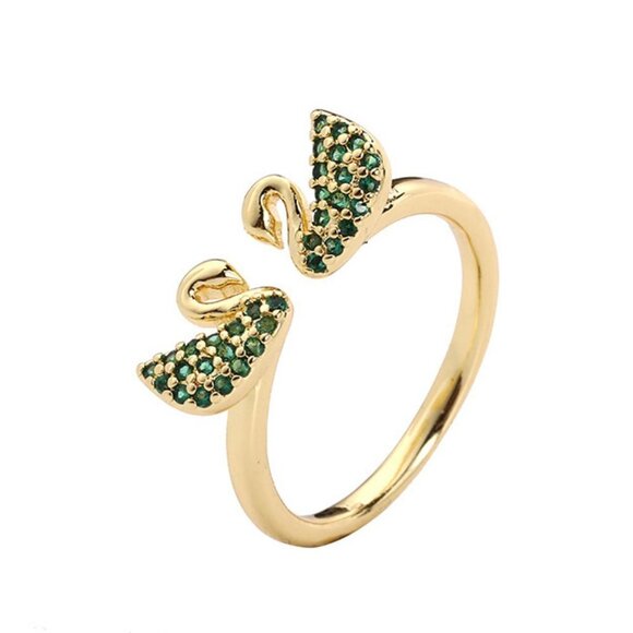 Gold Green Rhinestone Swan Ring - Picture 1 of 2